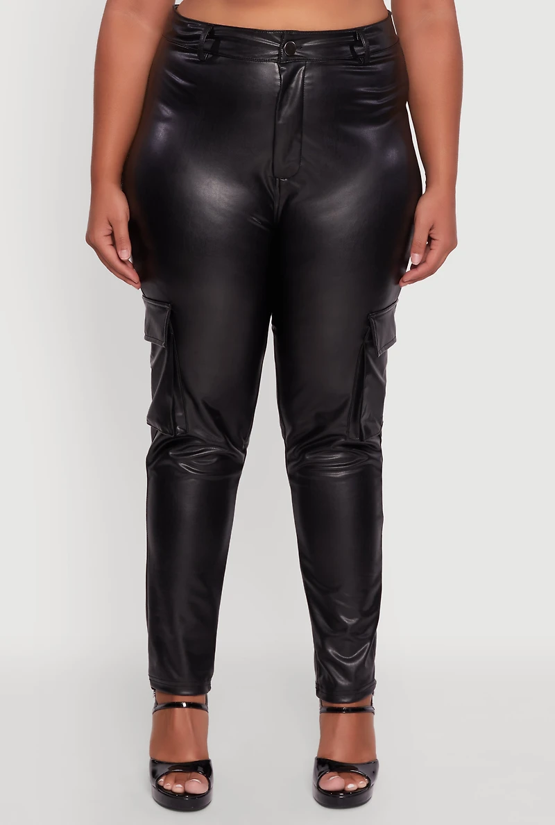 Womens Plus Size Faux Leather High Waisted Cargo Pants, Black, Size 1X