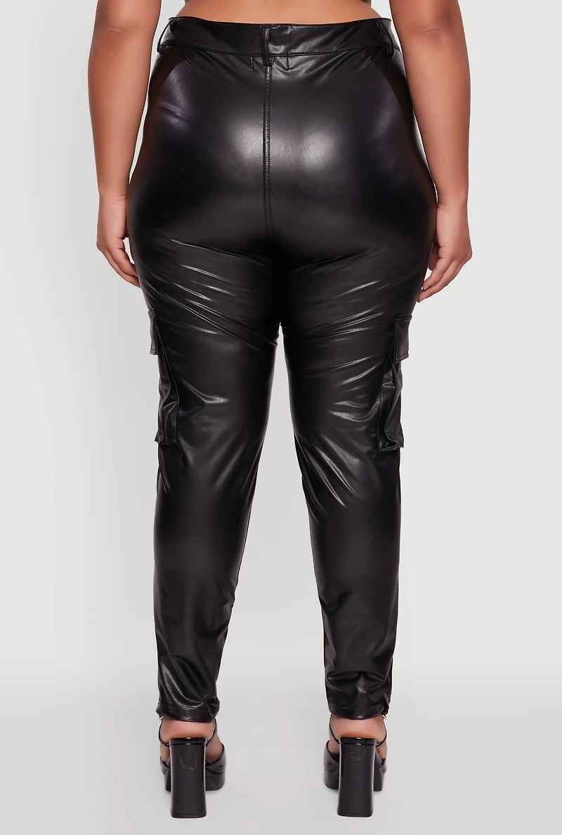 Womens Plus Faux Leather High Waisted Cargo Pants, Black,