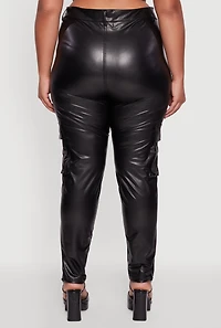 Womens Plus Faux Leather High Waisted Cargo Pants, Black,