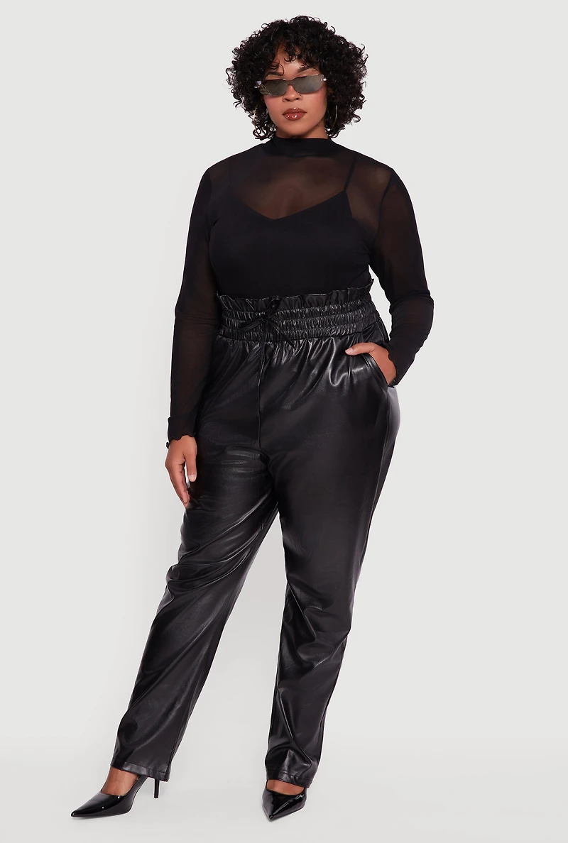 Womens Plus Size Faux Leather Paper Bag Waist Pants, Black, Size 1X