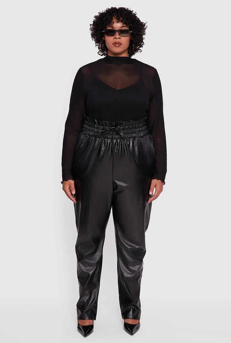 Womens Plus Size Faux Leather Paper Bag Waist Pants, Black, Size 1X