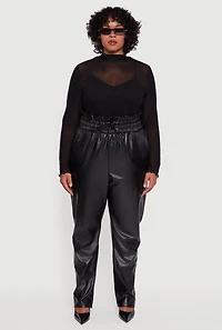 Womens Plus Size Faux Leather Paper Bag Waist Pants, Black, Size 1X