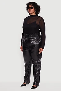Womens Plus Size Faux Leather Paper Bag Waist Pants, Black, Size 1X
