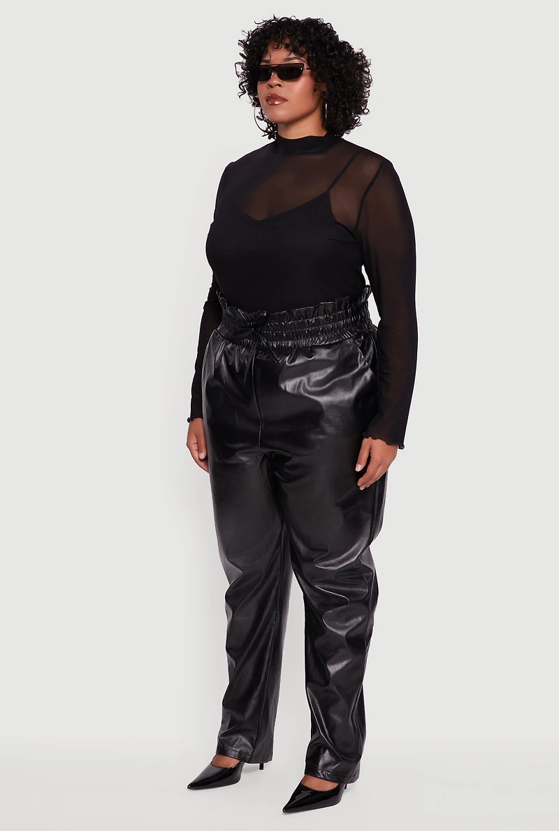 Womens Plus Size Faux Leather Paper Bag Waist Pants, Black, Size 2X