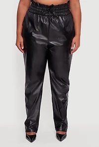 Womens Plus Size Faux Leather Paper Bag Waist Pants, Black, Size 2X