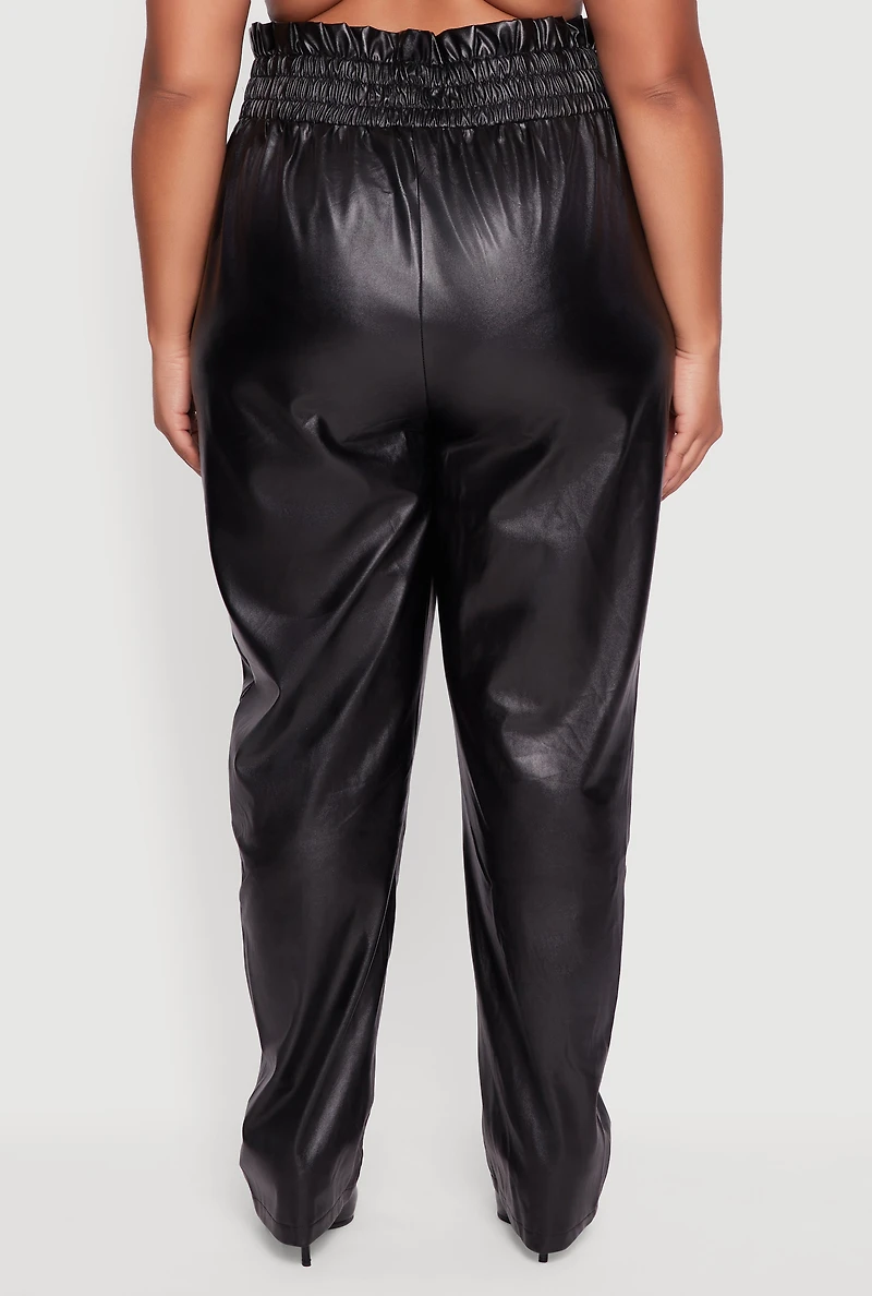 Womens Plus Size Faux Leather Paper Bag Waist Pants, Black, Size 1X