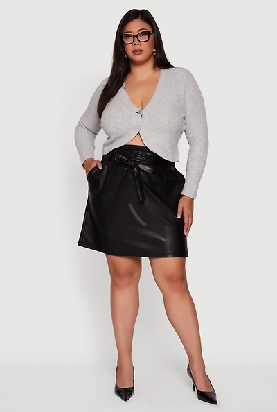 Womens Plus Size High Waisted Faux Leather Skirt with Tie Waist Belt, Black, Size 2X