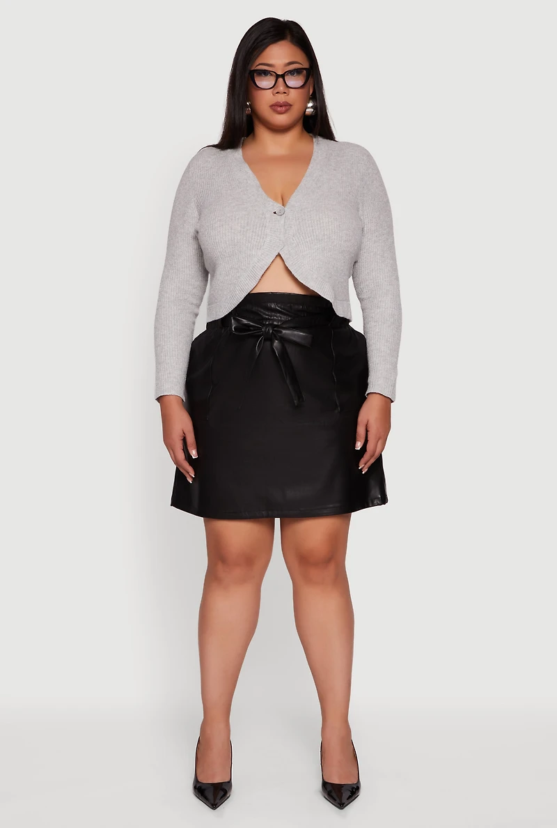 Womens Plus Size High Waisted Faux Leather Skirt with Tie Waist Belt, Black, Size 2X