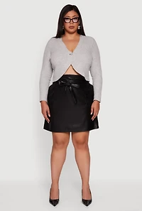 Womens Plus Size High Waisted Faux Leather Skirt with Tie Waist Belt, Black, Size 2X