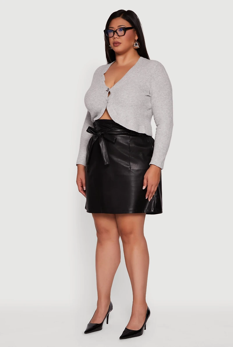 Womens Plus High Waisted Faux Leather Skirt with Tie Waist Belt, Black,