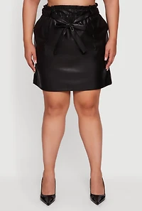 Womens Plus High Waisted Faux Leather Skirt with Tie Waist Belt, Black,
