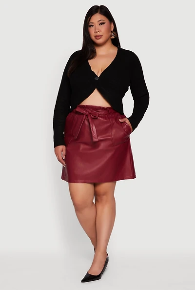 Womens Plus Size Faux Leather Tie Waist Belted Paper Bag Waist Skirt, Burgundy, Size 2X