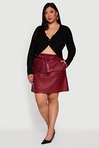 Womens Plus Size Faux Leather Tie Waist Belted Paper Bag Waist Skirt, Burgundy, Size 2X