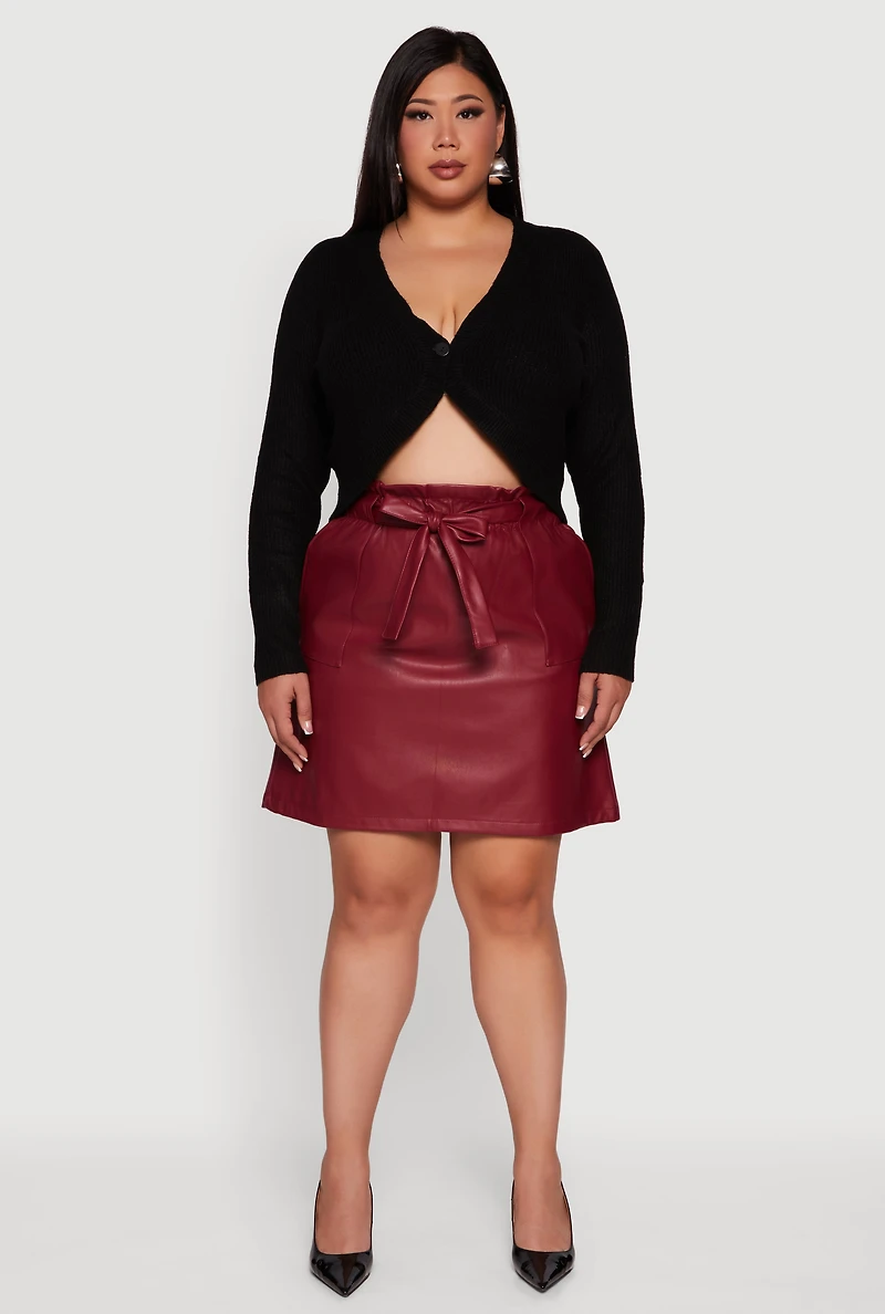 Womens Plus Size Faux Leather Tie Waist Belted Paper Bag Waist Skirt, Burgundy, Size 2X