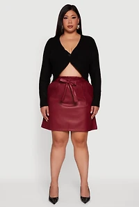 Womens Plus Size Faux Leather Tie Waist Belted Paper Bag Waist Skirt, Burgundy, Size 2X