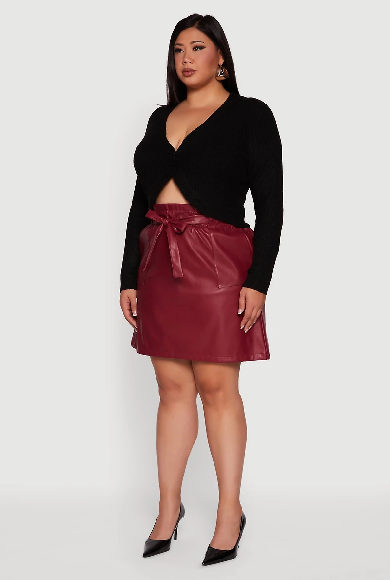 Plus Faux Leather Tie Waist Belted Paper Bag Skirt