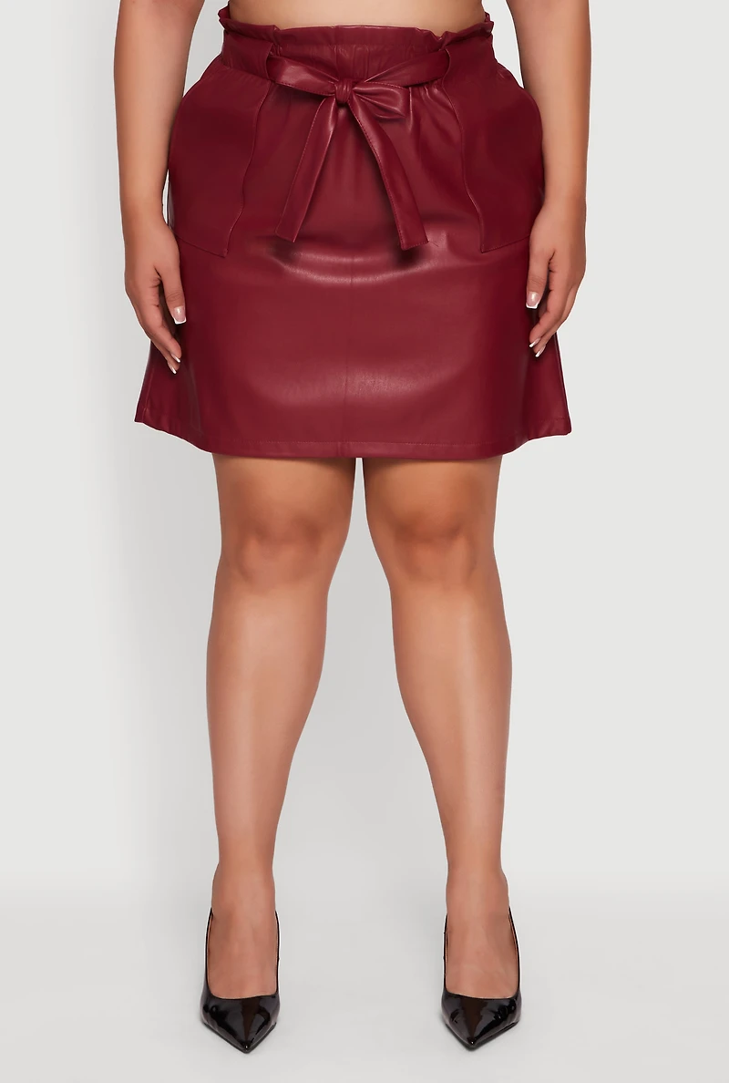 Plus Faux Leather Tie Waist Belted Paper Bag Skirt