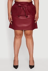Plus Faux Leather Tie Waist Belted Paper Bag Skirt