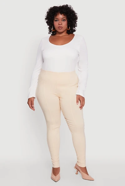 Womens Plus Size High Waisted Skinny Leg Pintuck Pants, Khaki, Size 3X