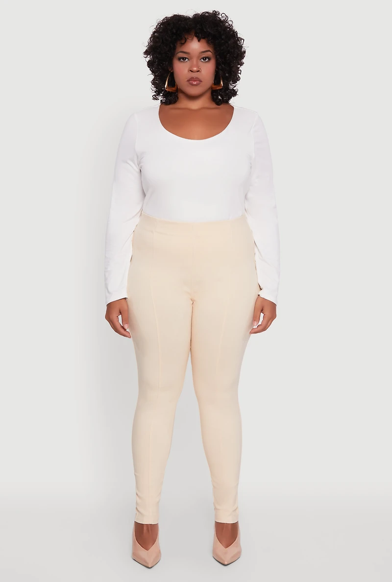 Womens Plus Size High Waisted Skinny Leg Pintuck Pants, Khaki, Size 3X