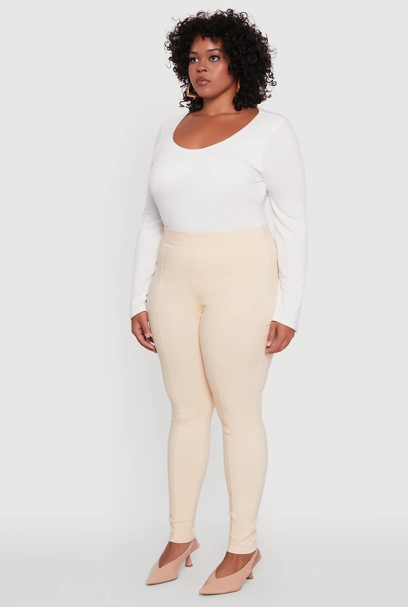 Womens Plus Size High Waisted Skinny Leg Pintuck Pants, Khaki, Size 3X