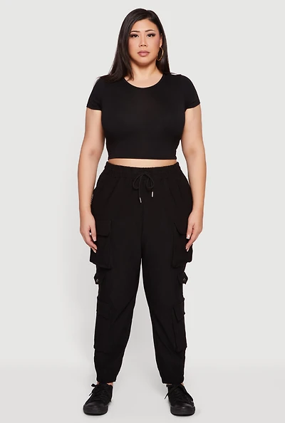 Womens Plus Size High Waisted Multi Pocket Cargo Joggers, Black, Size 3X