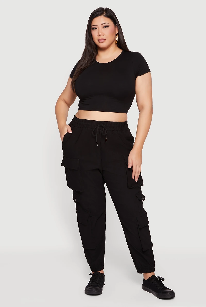 Womens Plus Size High Waisted Multi Pocket Cargo Joggers, Black, Size 3X