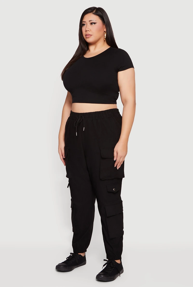 Womens Plus Size High Waisted Multi Pocket Cargo Joggers, Black, Size 3X