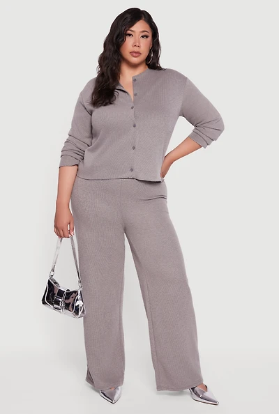Womens Plus Brushed Rib Knit Wide Leg Pants,