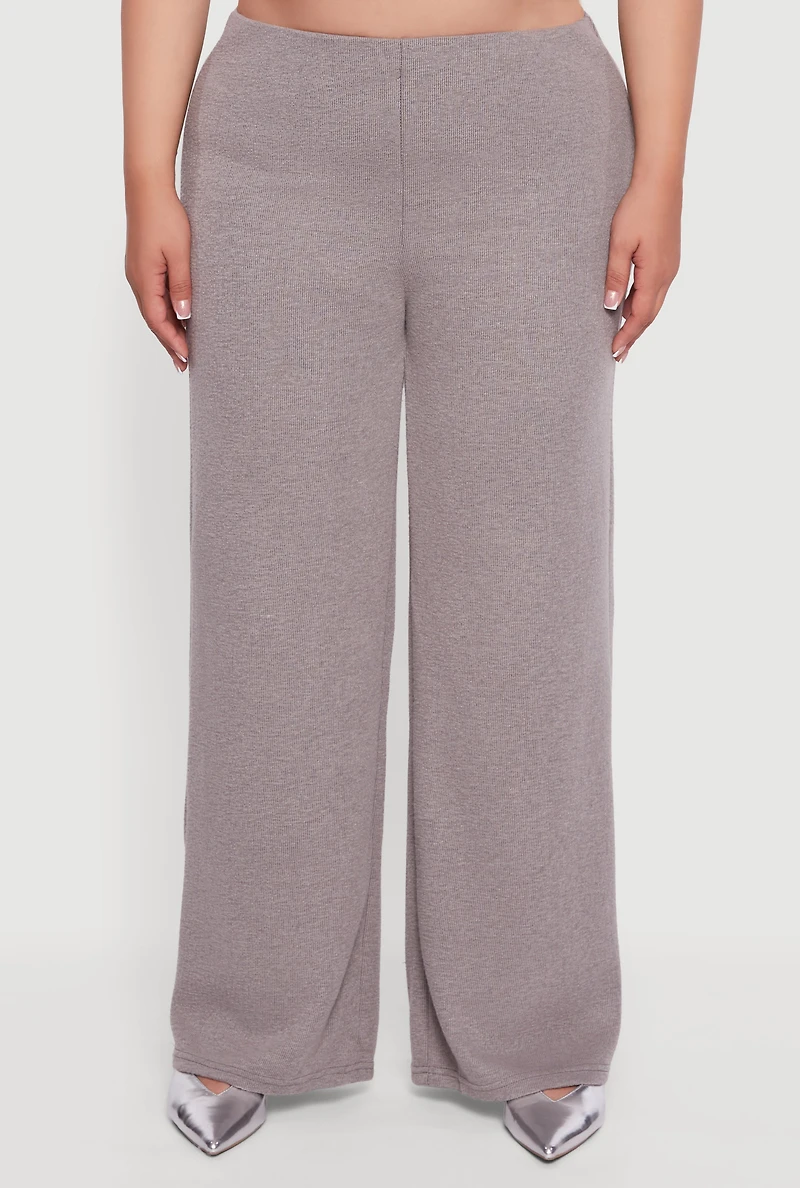 Womens Plus Brushed Rib Knit Wide Leg Pants, 2X