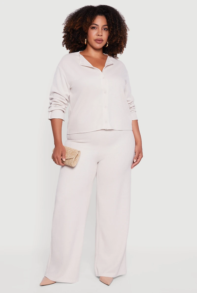 Womens Plus Size Brushed Rib Knit Wide Leg Pants, Khaki, Size 3X