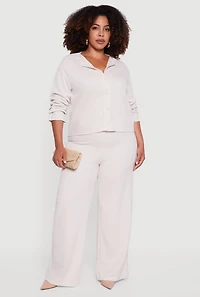 Womens Plus Size Brushed Rib Knit Wide Leg Pants, Khaki, Size 3X