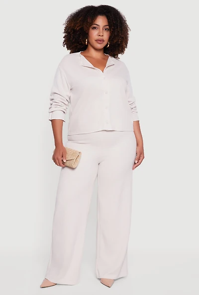Womens Plus Size Brushed Rib Knit Wide Leg Pants, Khaki, Size 2X