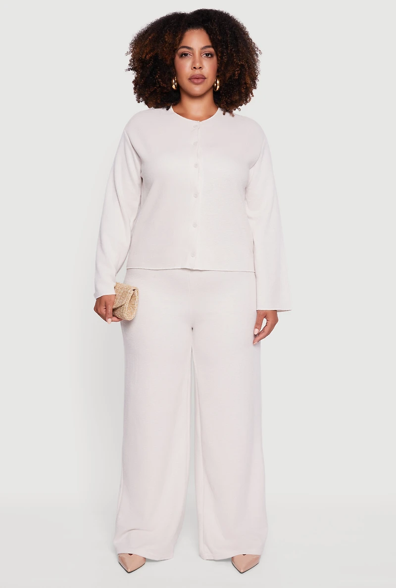Womens Plus Size Brushed Rib Knit Wide Leg Pants, Khaki, Size 3X