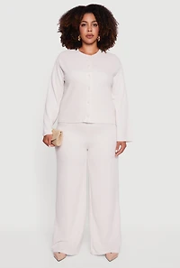 Womens Plus Size Brushed Rib Knit Wide Leg Pants, Khaki, Size 3X