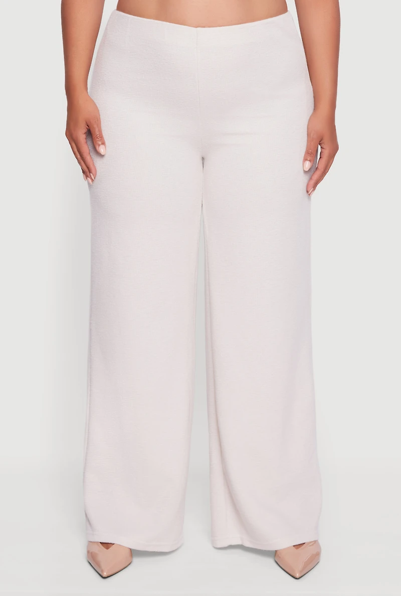 Womens Plus Size Brushed Rib Knit Wide Leg Pants, Khaki, Size 3X