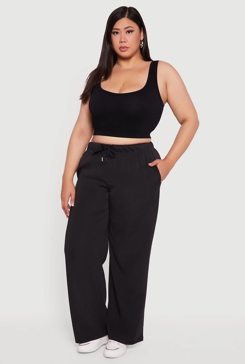 Womens Plus Size High Waisted Fleece Wide Leg Sweatpants, Black, Size 3X