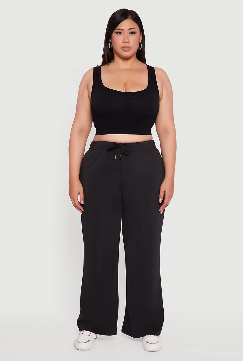 Womens Plus Size High Waisted Fleece Wide Leg Sweatpants, Black, Size 1X