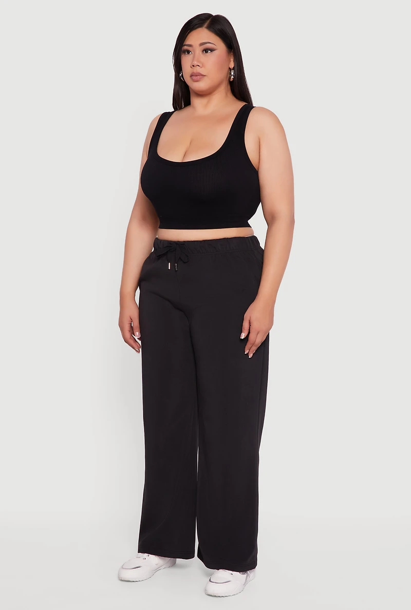 Womens Plus Size High Waisted Fleece Wide Leg Sweatpants, Black, Size 1X