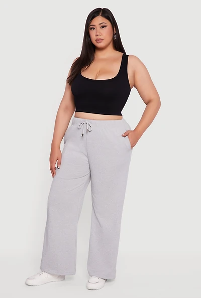 Womens Plus High Waisted Fleece Wide Leg Sweatpants,