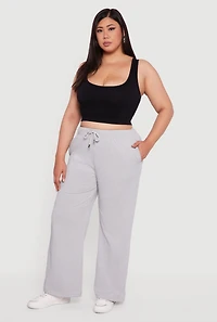 Womens Plus High Waisted Fleece Wide Leg Sweatpants,