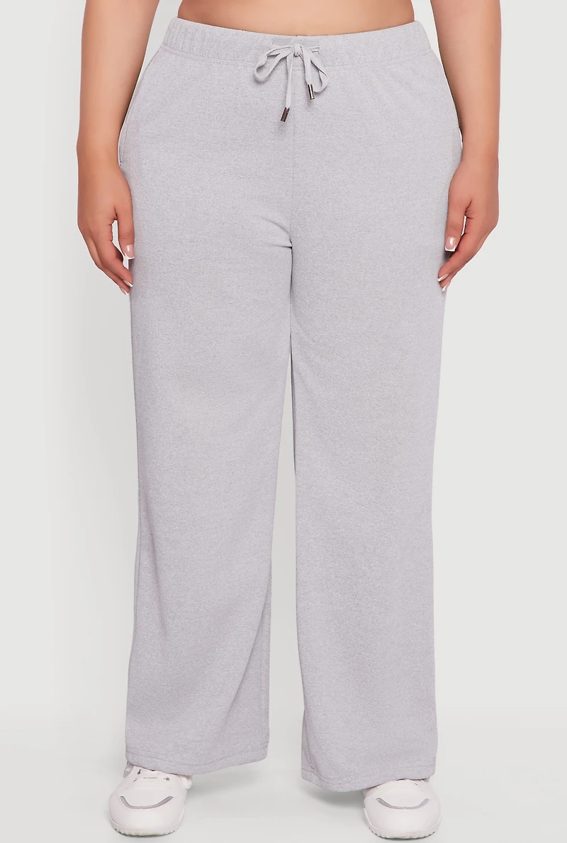Womens Plus High Waisted Fleece Wide Leg Sweatpants,