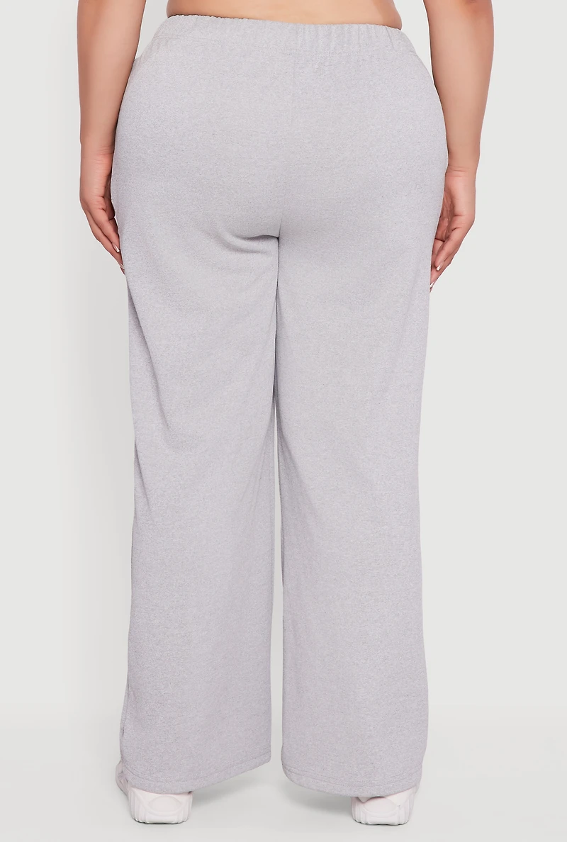 Womens Plus High Waisted Fleece Wide Leg Sweatpants, Grey,