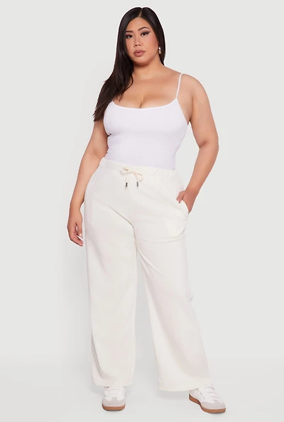 Womens Plus Size High Waisted Fleece Wide Leg Sweatpants, Khaki, Size 2X