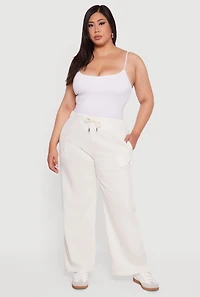 Womens Plus Size High Waisted Fleece Wide Leg Sweatpants, Khaki, Size 2X