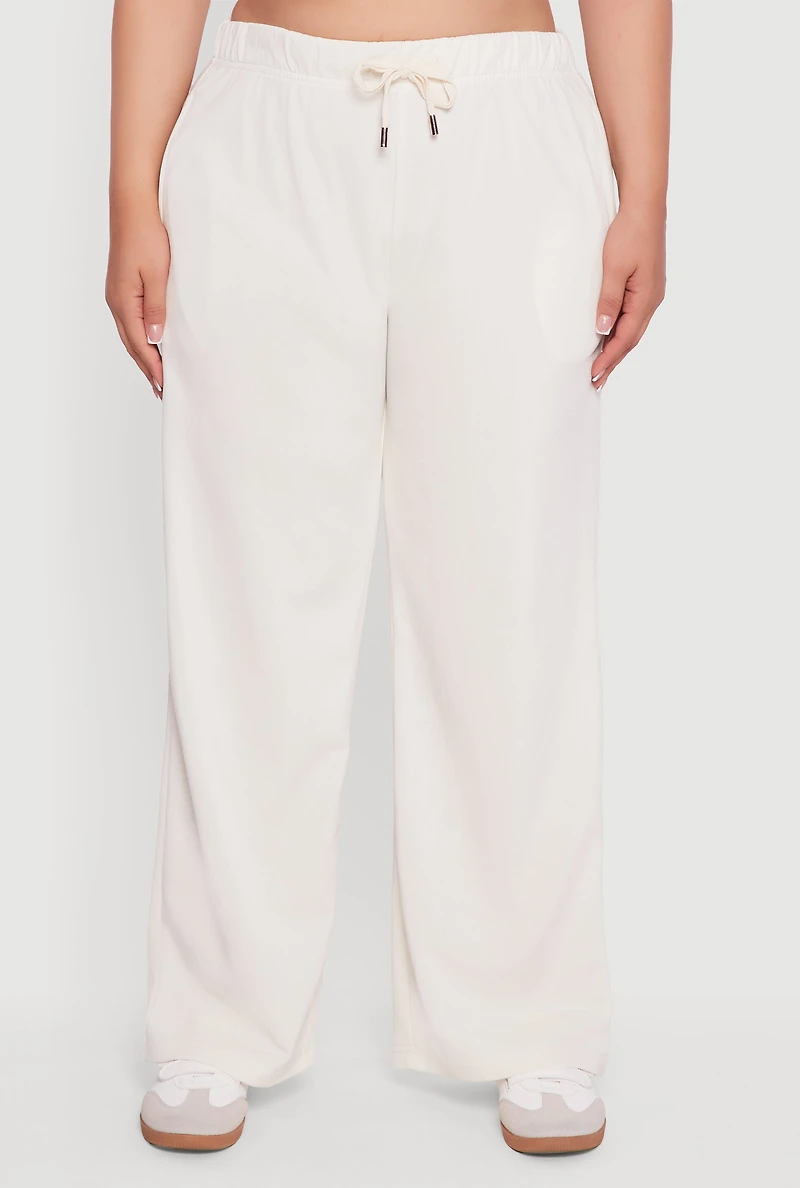 Womens Plus Size High Waisted Fleece Wide Leg Sweatpants, Khaki, Size 2X