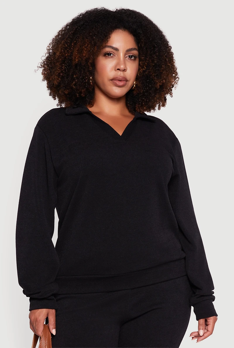 Plus Collared V-Neck Pullover Sweater