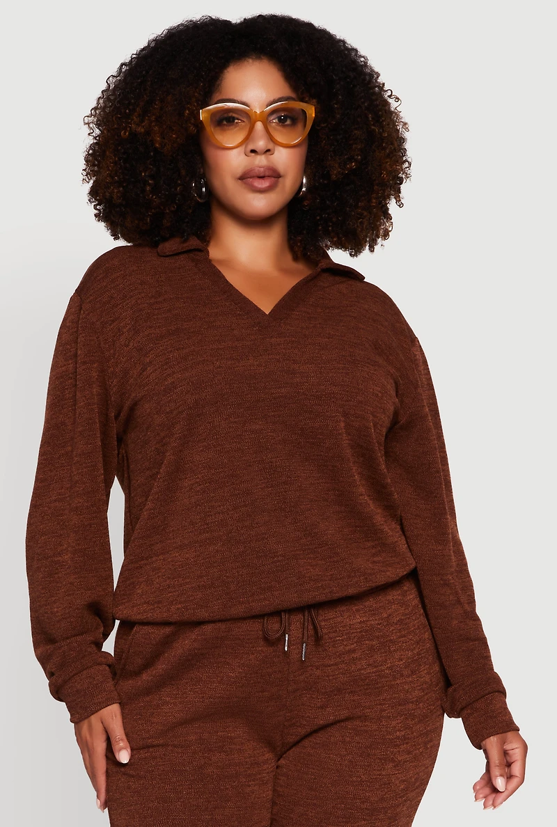Plus Collared V-Neck Pullover Sweater