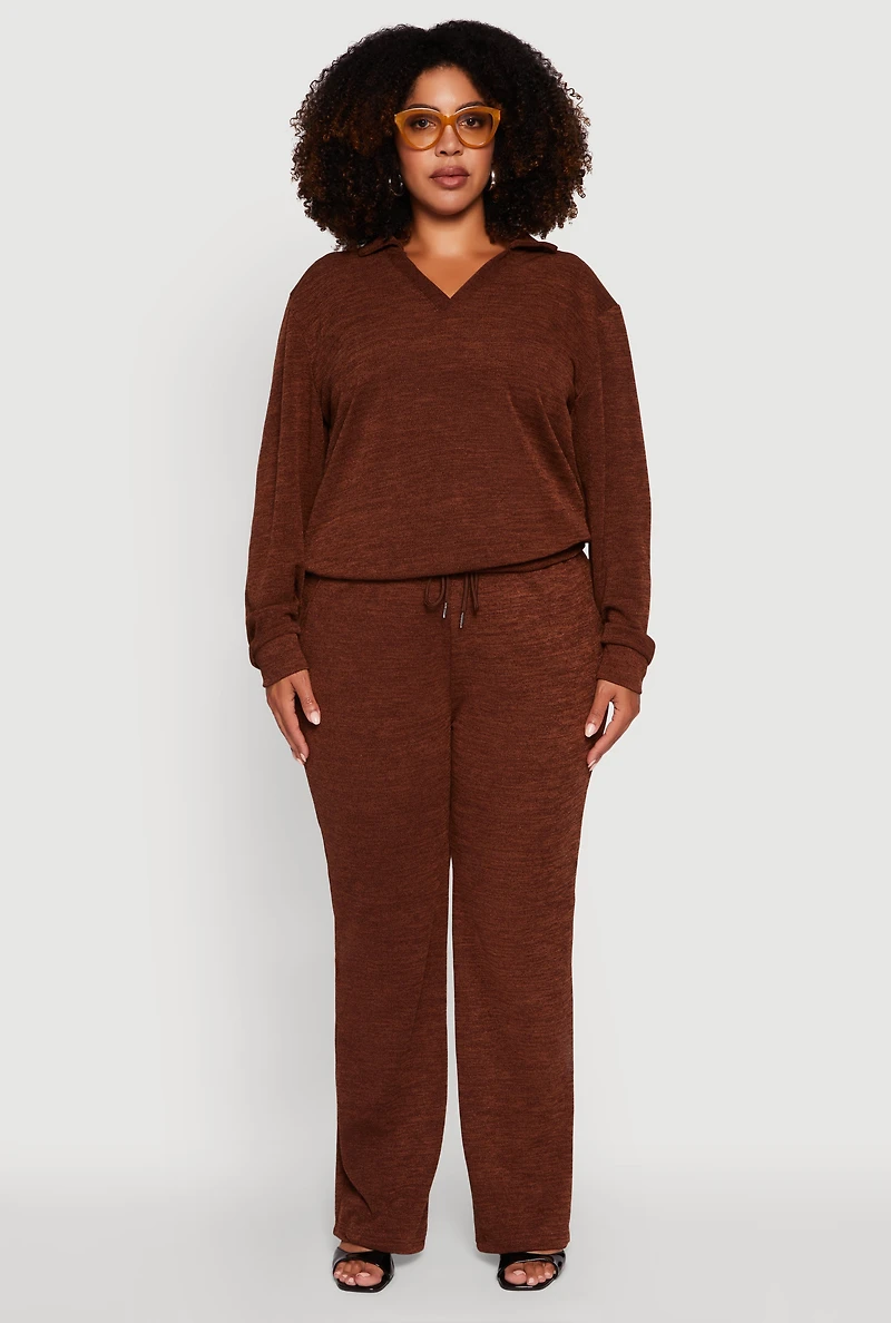 Womens Plus Size Collared V-Neck Pullover Sweater, Brown, Size 3X