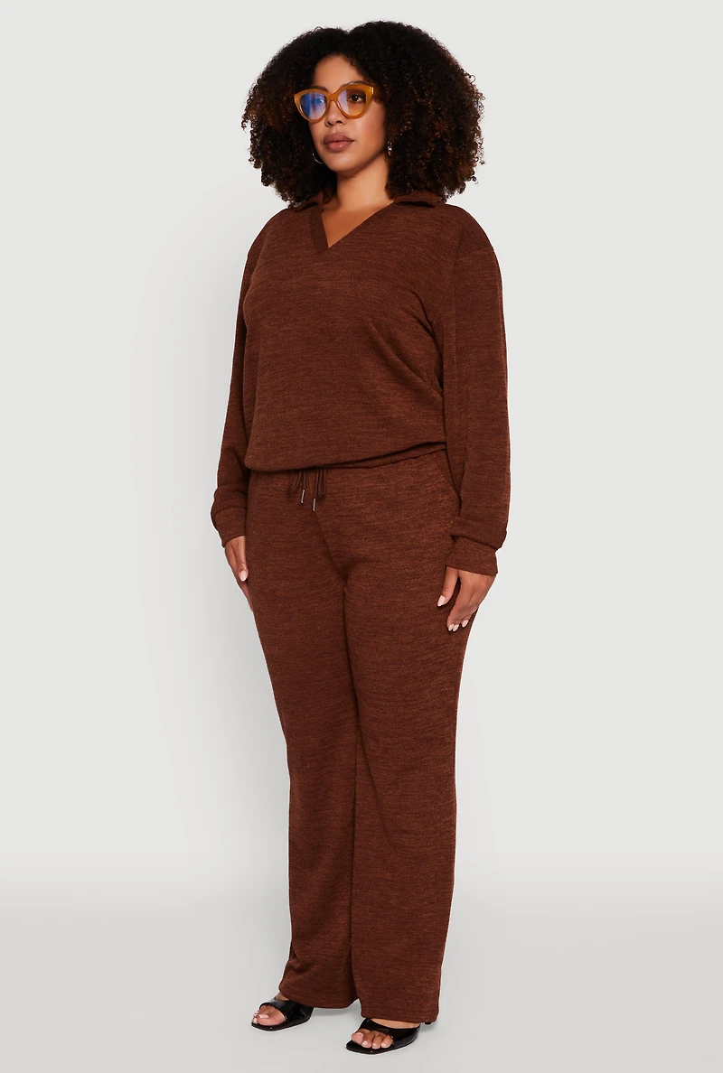 Womens Plus Size Collared V-Neck Pullover Sweater, Brown, Size 3X